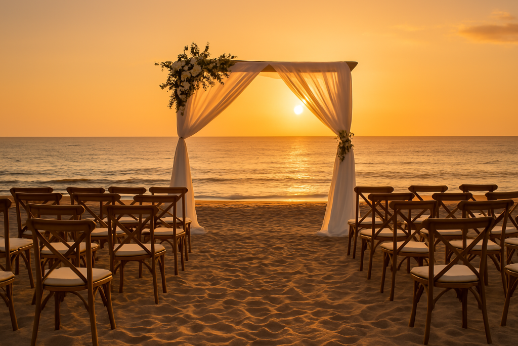 Cerimonia al tramonto sulla spiaggia di Lanzarote, con arco nuziale e sedie allestite sulla sabbia di fronte al mare.