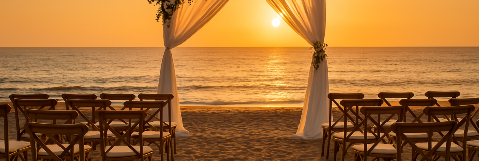Cerimonia al tramonto sulla spiaggia di Lanzarote, con arco nuziale e sedie allestite sulla sabbia di fronte al mare.