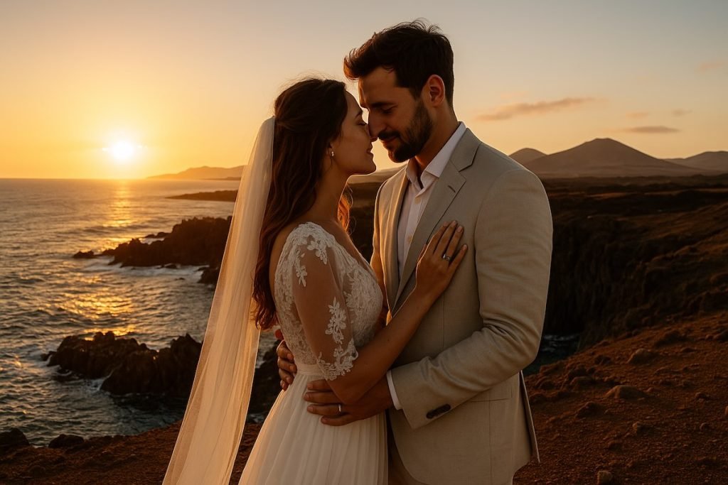 Coppia di sposi a Lanzarote al tramonto, durante una cerimonia romantica organizzata su misura, con sfondo vulcanico e atmosfera intima.