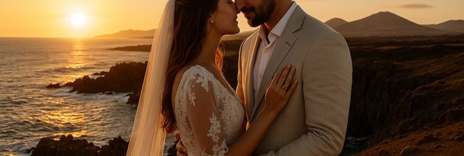 Coppia di sposi a Lanzarote al tramonto, durante una cerimonia romantica organizzata su misura, con sfondo vulcanico e atmosfera intima.
