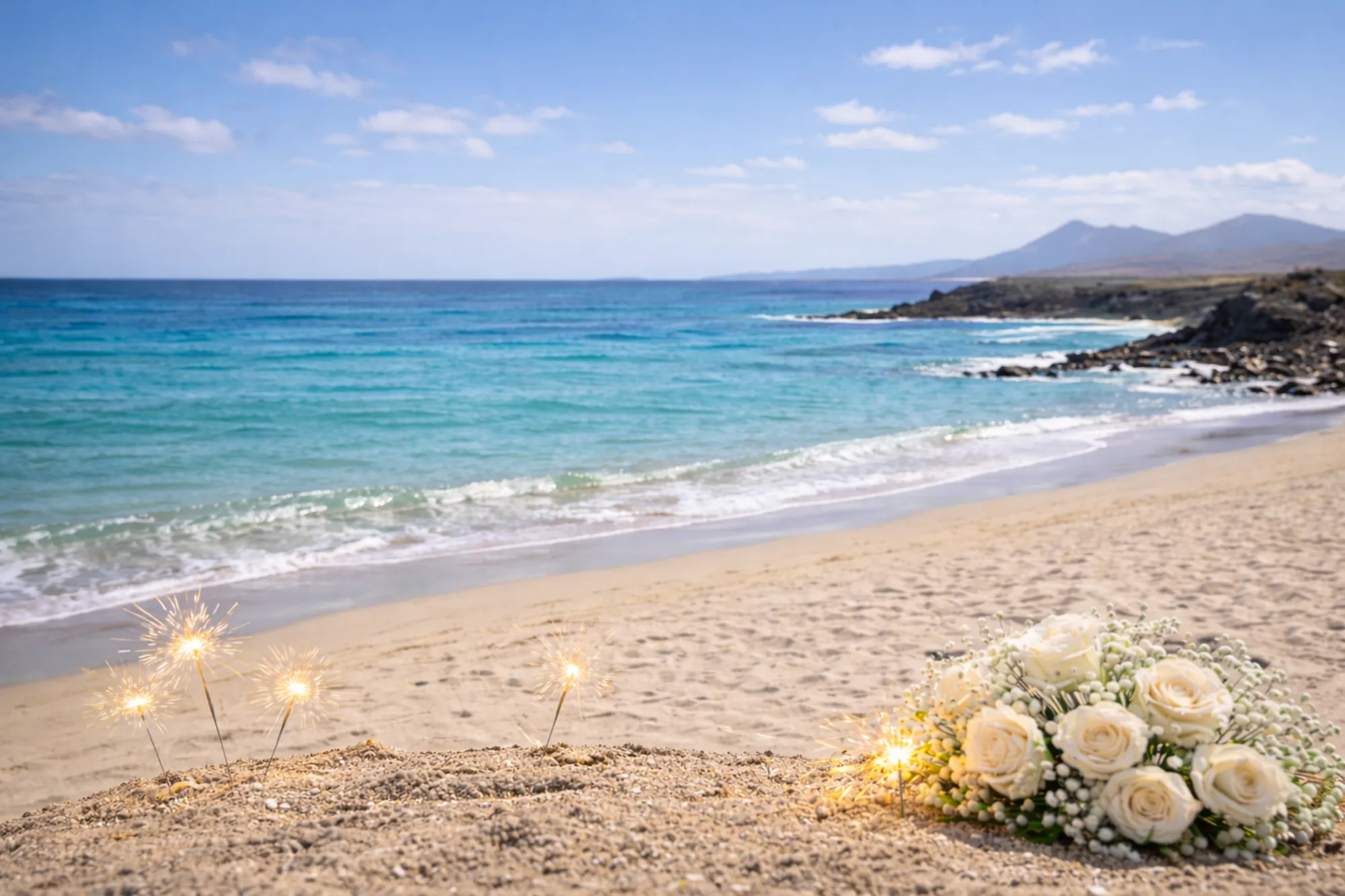 Atmosfera romantica che richiama il sogno di sposarsi in spiaggia alle Maldive, con sabbia chiara, mare cristallino e dettagli eleganti