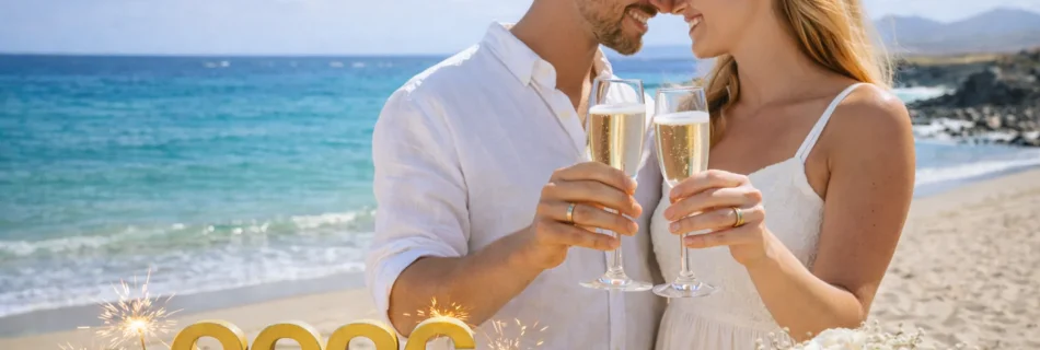 Coppia di sposi che brinda al tramonto su una spiaggia di Lanzarote durante il matrimonio