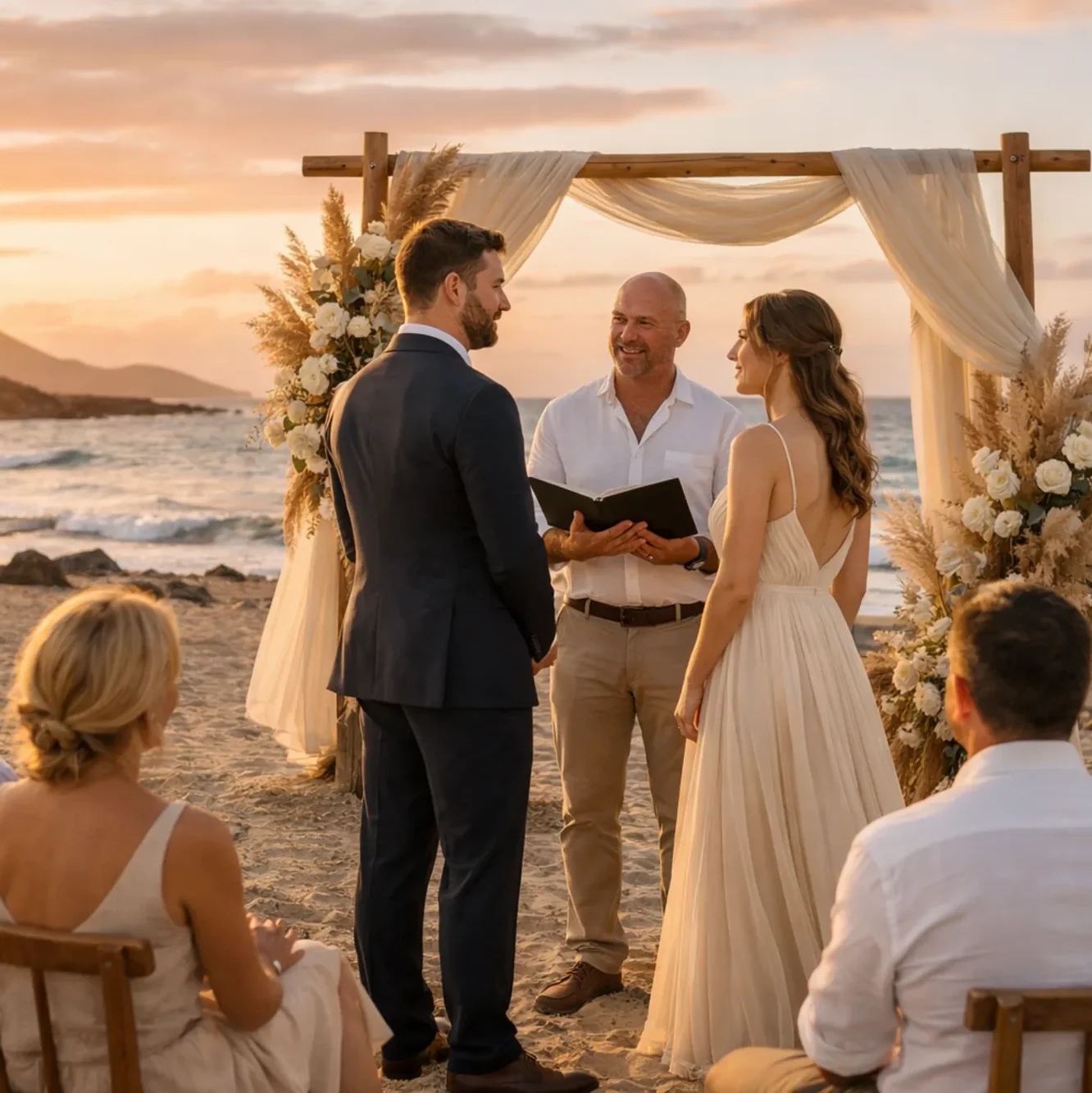Cerimonia di matrimonio in spiaggia a Lanzarote al tramonto con arco floreale e invitati
