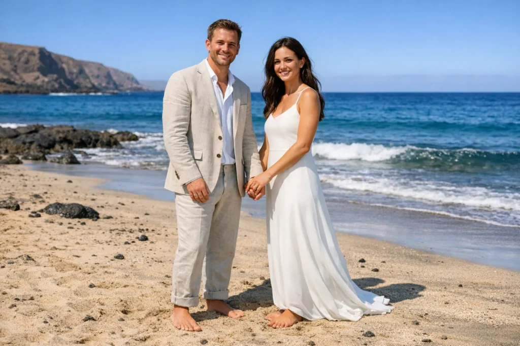 Sposi in abiti chiari durante un matrimonio in spiaggia a Lanzarote, sul mare dell’isola
