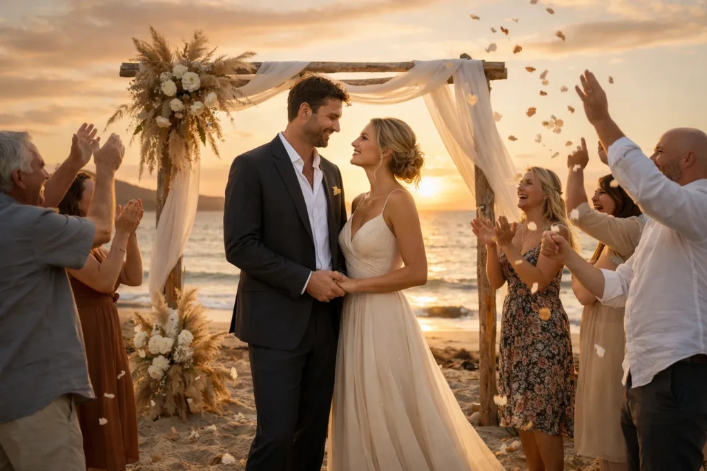 Sposi durante un matrimonio in spiaggia al tramonto a Lanzarote organizzato da matrimonio lanzarote.it