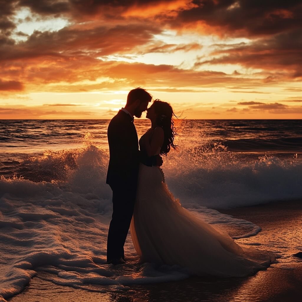 Sposi in spiaggia al tramonto a Lanzarote con onde dell’oceano e luce dorata
