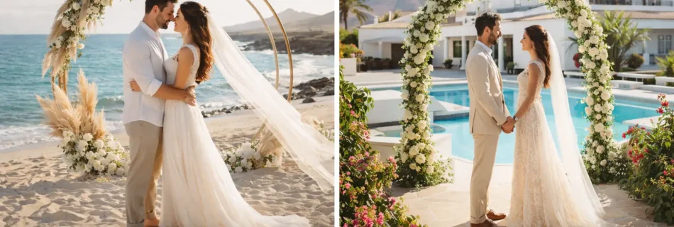 Coppia di sposi a Lanzarote durante una cerimonia in spiaggia e in location privata con arco floreale