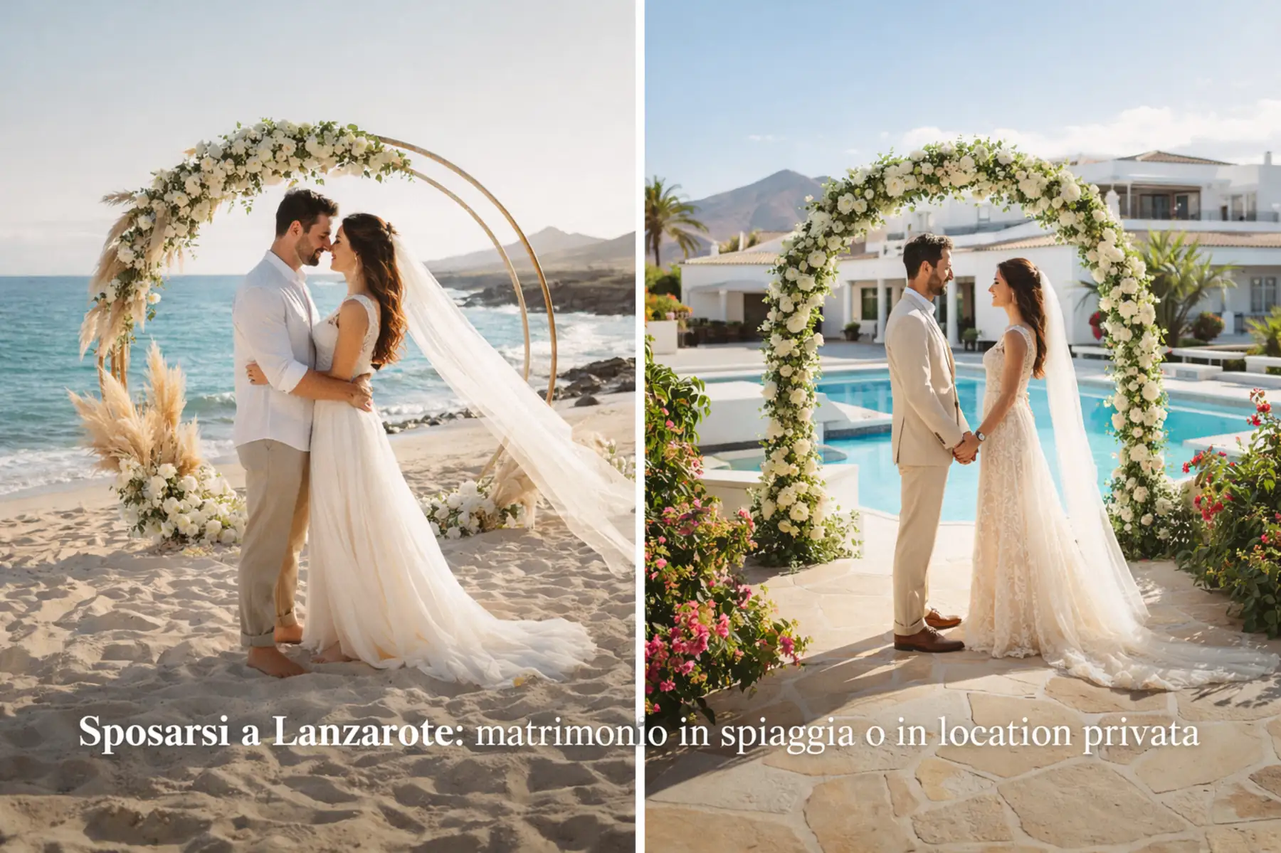 Coppia di sposi a Lanzarote durante una cerimonia in spiaggia e in location privata con arco floreale