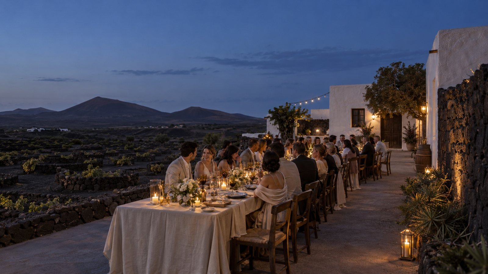 Tavola di matrimonio illuminata da candele e luci sospese accanto ai vigneti vulcanici