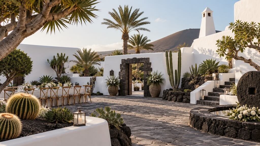 Matrimonio in finca a Lanzarote in una location autentica con architettura bianca e pietra lavica