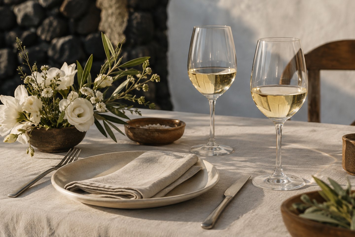 Calici di vino bianco, tovagliato in lino e fiori chiari su una tavola di matrimonio
